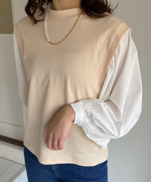 everycoco(エブリーココ)の「シアースリーブ異素材レイヤード風トップス◇(シャツ/ブラウス・レディース・ホワイト/ブラック/グリーン・FREE)」の6枚目の写真