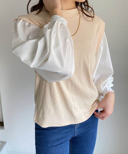 everycoco(エブリーココ)の「シアースリーブ異素材レイヤード風トップス◇(シャツ/ブラウス・レディース・ホワイト/ブラック/グリーン・FREE)」の5枚目の写真