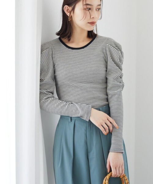 Green　Parks（グリーンパークス）の「ボーダーパワーショルダープルオーバー（Tシャツ/カットソー・レディース・アイボリー/ミント・FREE）」の2枚目の写真