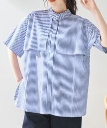 Libra Cue | “ハーフスリーブストライプフライヨークシャツ”　　　　　　　　　　　　　　　　　　　　　　　　　　　　　　　　　　　　　トレンドのフライヨークがポイント、前後2wayブラウスに夏らしい半袖が登場！(シャツ/ブラウス)