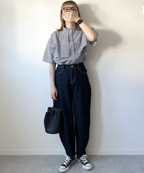 Libra Cue（リブラ キュー）の「ハーフスリーブストライプフライヨークシャツ（シャツ/ブラウス・レディース・ベージュ/ネイビー/ブルー・FREE）」の4枚目の写真