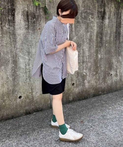 Libra Cue（リブラ キュー）の「ハーフスリーブストライプフライヨークシャツ（シャツ/ブラウス・レディース・ベージュ/ネイビー/ブルー・FREE）」の5枚目の写真