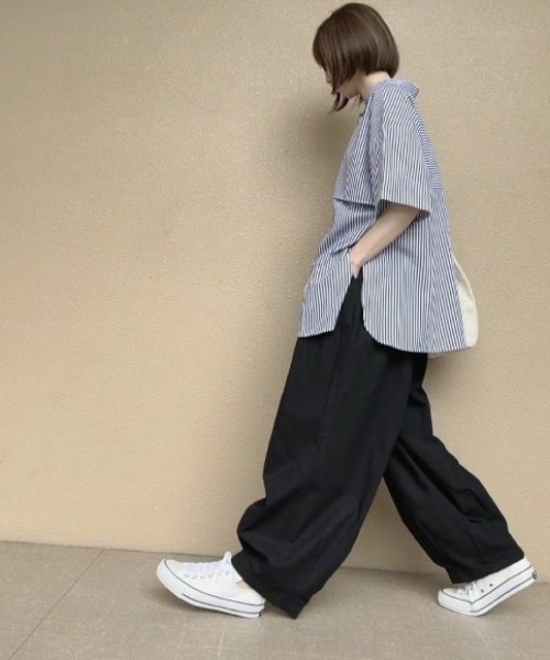 Libra Cue（リブラ キュー）の「ハーフスリーブストライプフライヨークシャツ（シャツ/ブラウス・レディース・ベージュ/ネイビー/ブルー・FREE）」の6枚目の写真