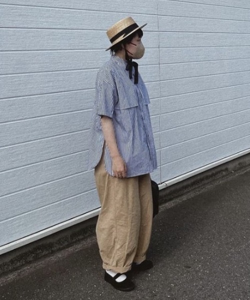 Libra Cue（リブラ キュー）の「ハーフスリーブストライプフライヨークシャツ（シャツ/ブラウス・レディース・ベージュ/ネイビー/ブルー・FREE）」の7枚目の写真