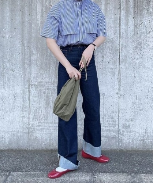 Libra Cue（リブラ キュー）の「ハーフスリーブストライプフライヨークシャツ（シャツ/ブラウス・レディース・ベージュ/ネイビー/ブルー・FREE）」の13枚目の写真