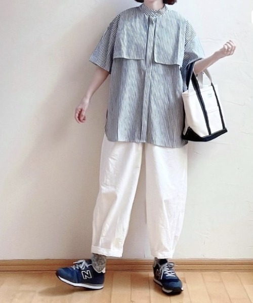 Libra Cue（リブラ キュー）の「ハーフスリーブストライプフライヨークシャツ（シャツ/ブラウス・レディース・ベージュ/ネイビー/ブルー・FREE）」の10枚目の写真