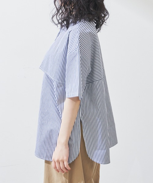 Libra Cue（リブラ キュー）の「ハーフスリーブストライプフライヨークシャツ（シャツ/ブラウス・レディース・ベージュ/ネイビー/ブルー・FREE）」の20枚目の写真