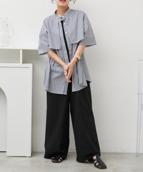 Libra Cue（リブラ キュー）の「ハーフスリーブストライプフライヨークシャツ（シャツ/ブラウス・レディース・ベージュ/ネイビー/ブルー・FREE）」の22枚目の写真