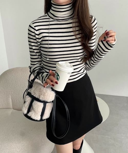 タートルネックボーダーニットトップス冬服 mb4457-01_1.jpg