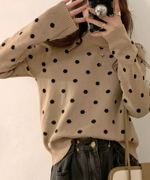 ibeul_(イベール)の「ドットジャガードニットトップス(ニット/セーター・レディース・クリーム/ホワイト/ベージュ/ブラック・FREE)」の3枚目の写真