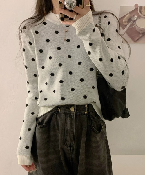 ibeul_(イベール)の「ドットジャガードニットトップス(ニット/セーター・レディース・クリーム/ホワイト/ベージュ/ブラック・FREE)」の2枚目の写真
