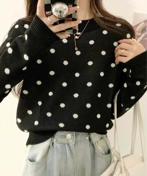 ibeul_(イベール)の「ドットジャガードニットトップス(ニット/セーター・レディース・クリーム/ホワイト/ベージュ/ブラック・FREE)」の1枚目の写真