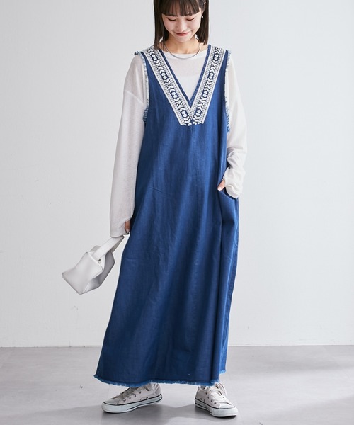 チャオパニック　ティピー　indiaデニム　刺繍　ワンピース　長袖　フリーサイズ チャオパニック ティピー indiaデニム 刺繍 ワンピース 長袖