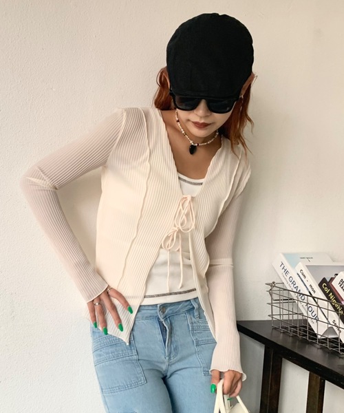 SHAGGIE（シャギー）の「ダブルリボンプリーツシアーカーディガン