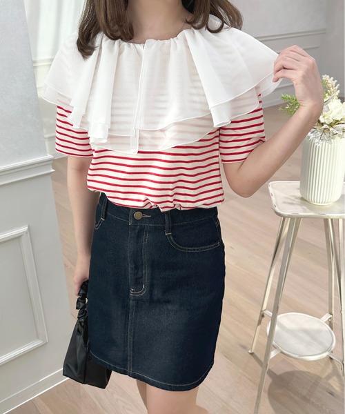 apres jour(アプレジュール)の「2WAYシフォンラッフルボーダープルオーバー【ZOZOTOWN限定アイテム】(Tシャツ/カットソー・レディース・レッド/ピンクベージュ/ブラック・フリー/X-LARGE)」の1枚目の写真
