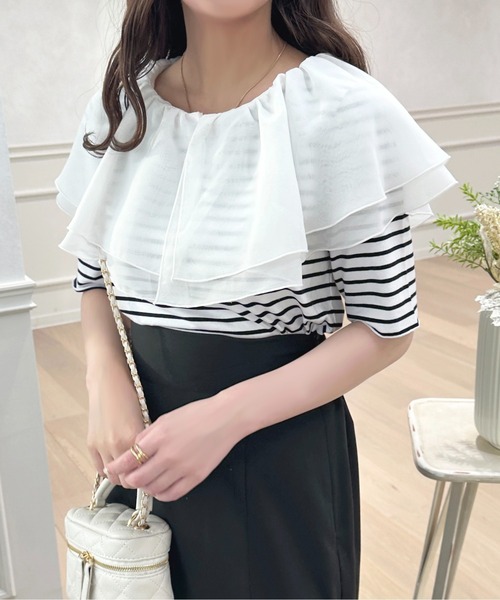 apres jour(アプレジュール)の「2WAYシフォンラッフルボーダープルオーバー【ZOZOTOWN限定アイテム】(Tシャツ/カットソー・レディース・レッド/ピンクベージュ/ブラック・フリー/X-LARGE)」の4枚目の写真