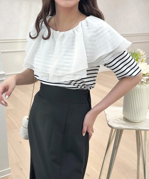 apres jour(アプレジュール)の「2WAYシフォンラッフルボーダープルオーバー【ZOZOTOWN限定アイテム】(Tシャツ/カットソー・レディース・レッド/ピンクベージュ/ブラック・フリー/X-LARGE)」の6枚目の写真