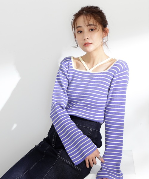 N.（N. Natural Beauty Basic）（エヌエヌナチュラルビューティーベーシック）の「◆ホルターネックフレア袖リブニット（ニット/セーター・レディース・パープル系その他/ホワイト系その他/ブラック系その他・MEDIUM）」の4枚目の写真