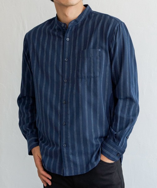 ikka（イッカ）の「イージーケアフランネルバンドカラー（シャツ/ブラウス・メンズ・ブルー/ブラック/グレー・M/S/L/XL）」の3枚目の写真