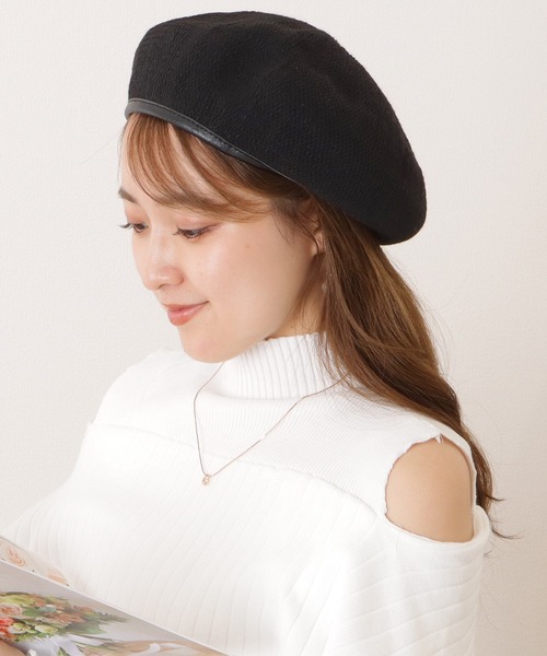 セール】レザー調パイピングメッシュベレー帽（ハンチング/ベレー帽