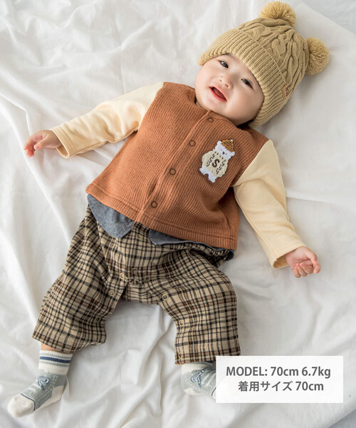 SLAP SLIP BABY（スラップスリップベビー）の「【お揃い】アニマルワッペン付レイヤード風チェックパンツロンパースベビー(70~80cm)（ロンパース・キッズ・オフホワイト/ブラウン・70cm/80ｃｍ）」の21枚目の写真