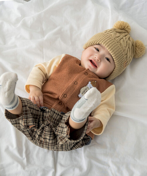 SLAP SLIP BABY（スラップスリップベビー）の「【お揃い】アニマルワッペン付レイヤード風チェックパンツロンパースベビー(70~80cm)（ロンパース・キッズ・オフホワイト/ブラウン・70cm/80ｃｍ）」の4枚目の写真