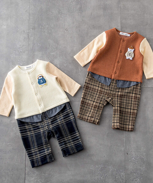SLAP SLIP BABY（スラップスリップベビー）の「【お揃い】アニマルワッペン付レイヤード風チェックパンツロンパースベビー(70~80cm)（ロンパース・キッズ・オフホワイト/ブラウン・70cm/80ｃｍ）」の6枚目の写真