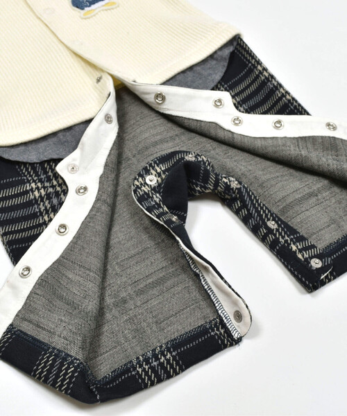 SLAP SLIP BABY（スラップスリップベビー）の「【お揃い】アニマルワッペン付レイヤード風チェックパンツロンパースベビー(70~80cm)（ロンパース・キッズ・オフホワイト/ブラウン・70cm/80ｃｍ）」の13枚目の写真