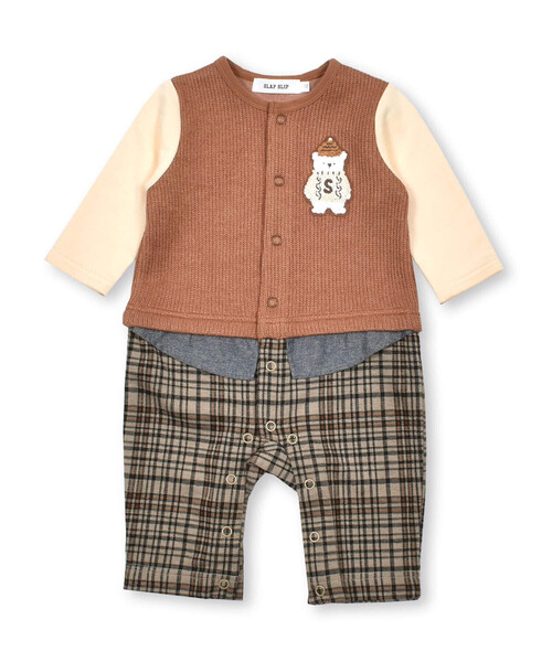 SLAP SLIP BABY（スラップスリップベビー）の「【お揃い】アニマルワッペン付レイヤード風チェックパンツロンパースベビー(70~80cm)（ロンパース・キッズ・オフホワイト/ブラウン・70cm/80ｃｍ）」の14枚目の写真