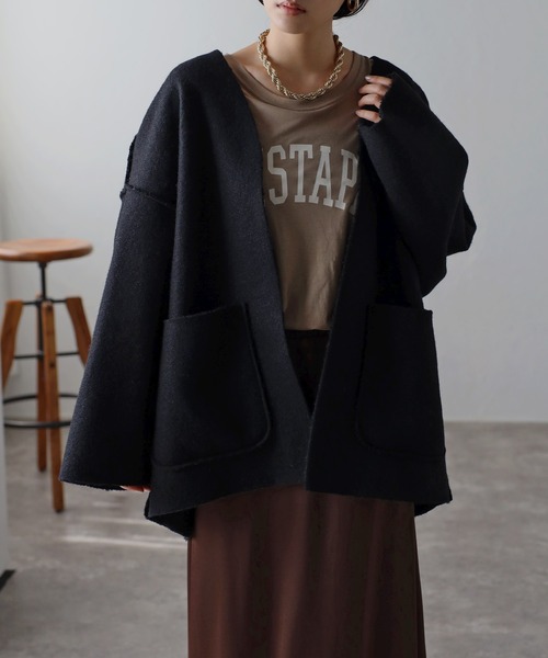 Bonjour Sagan(ボンジュールサガン)の「フェイクリングウールリバーシブルジャケット(ノーカラージャケット・レディース・ブラック/ライトベージュ/モカ・FREE)」の2枚目の写真