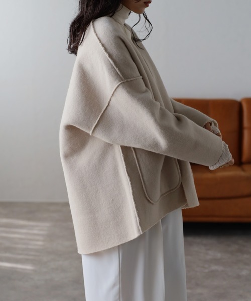 Bonjour Sagan(ボンジュールサガン)の「フェイクリングウールリバーシブルジャケット(ノーカラージャケット・レディース・ブラック/ライトベージュ/モカ・FREE)」の19枚目の写真