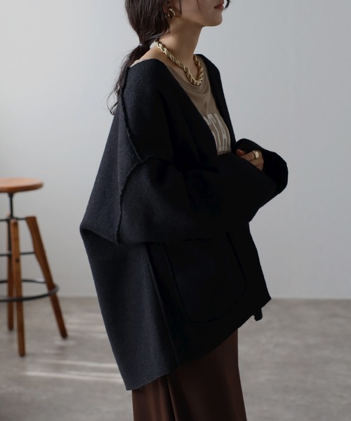 Bonjour Sagan(ボンジュールサガン)の「フェイクリングウールリバーシブルジャケット(ノーカラージャケット・レディース・ブラック/ライトベージュ/モカ・FREE)」の5枚目の写真