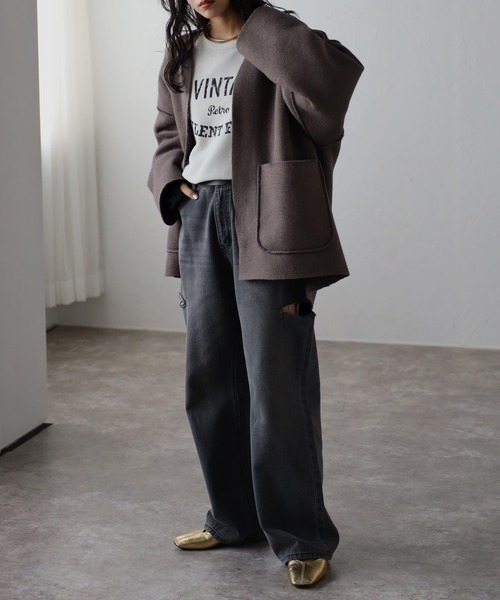 Bonjour Sagan(ボンジュールサガン)の「フェイクリングウールリバーシブルジャケット(ノーカラージャケット・レディース・ブラック/ライトベージュ/モカ・FREE)」の10枚目の写真