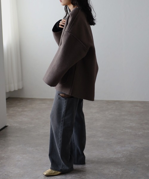 Bonjour Sagan(ボンジュールサガン)の「フェイクリングウールリバーシブルジャケット(ノーカラージャケット・レディース・ブラック/ライトベージュ/モカ・FREE)」の12枚目の写真