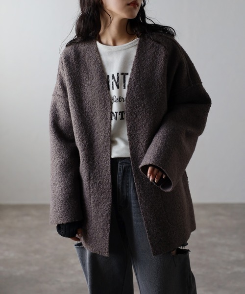 Bonjour Sagan(ボンジュールサガン)の「フェイクリングウールリバーシブルジャケット(ノーカラージャケット・レディース・ブラック/ライトベージュ/モカ・FREE)」の15枚目の写真