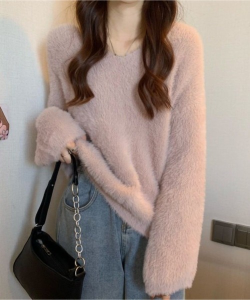 Ritzy(リッツィー)の「もこもこ Vネックニット(ニット/セーター・レディース・ピンク/ライトピンク/カーキ/ベージュ/ホワイト・FREE)」の5枚目の写真