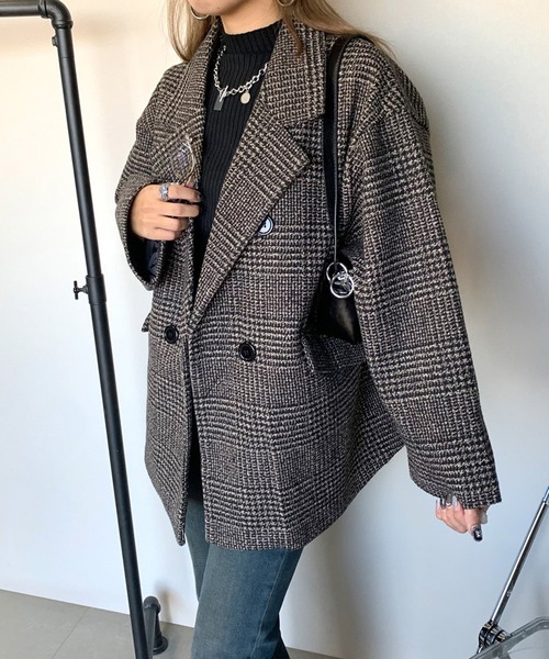 non-hedge(ノンヘッジ)の「チェックミドルジャケット(チェスターコート・レディース・ブラック/ベージュ/オフホワイト・FREE)」の3枚目の写真