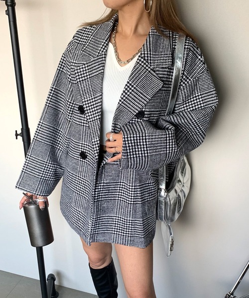 non-hedge(ノンヘッジ)の「チェックミドルジャケット(チェスターコート・レディース・ブラック/ベージュ/オフホワイト・FREE)」の2枚目の写真
