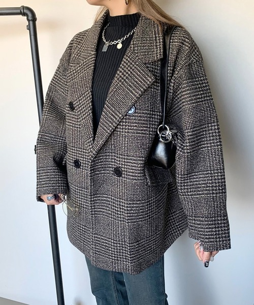 non-hedge(ノンヘッジ)の「チェックミドルジャケット(チェスターコート・レディース・ブラック/ベージュ/オフホワイト・FREE)」の6枚目の写真