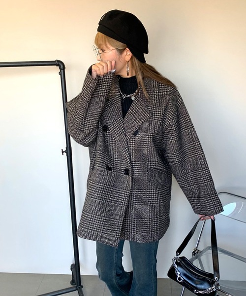 non-hedge(ノンヘッジ)の「チェックミドルジャケット(チェスターコート・レディース・ブラック/ベージュ/オフホワイト・FREE)」の7枚目の写真
