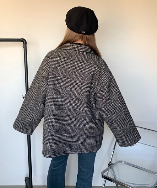 non-hedge(ノンヘッジ)の「チェックミドルジャケット(チェスターコート・レディース・ブラック/ベージュ/オフホワイト・FREE)」の9枚目の写真