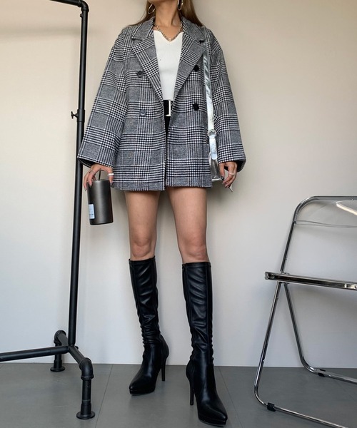 non-hedge(ノンヘッジ)の「チェックミドルジャケット(チェスターコート・レディース・ブラック/ベージュ/オフホワイト・FREE)」の16枚目の写真