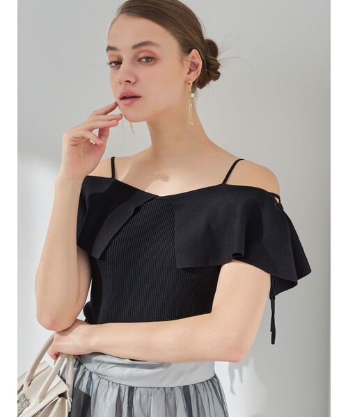 MERCURYDUO（マーキュリーデュオ）の「ラッフルサイドレースアップスリーブニット（ニット/セーター・レディース・ライトブルー/ブラック/オフホワイト/ベビーピンク・FREE）」の2枚目の写真