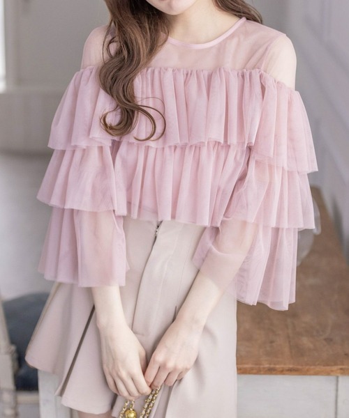 clear（クリア）の「チュールフリル切替トップス[大人 フェミニン シースルー]≪再入荷≫（Tシャツ/カットソー・レディース・オフホワイト/ピンクベージュ/ベージュ/グレー・F）」の4枚目の写真