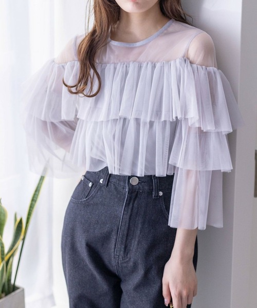 clear（クリア）の「チュールフリル切替トップス[大人 フェミニン シースルー]≪再入荷≫（Tシャツ/カットソー・レディース・オフホワイト/ピンクベージュ/ベージュ/グレー・F）」の2枚目の写真