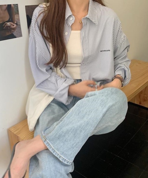 shopnikoniko（ショップニコニコ）の「シャツジャケット ショートストライプ シャツ クロップド丈（シャツ/ブラウス・レディース・ホワイト/ブルー・フリー）」の4枚目の写真