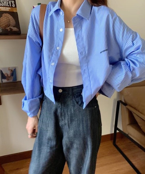 shopnikoniko（ショップニコニコ）の「シャツジャケット ショートストライプ シャツ クロップド丈（シャツ/ブラウス・レディース・ホワイト/ブルー・フリー）」の12枚目の写真