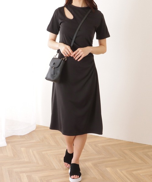 Lace Ladies(レースレディース)の「ウエスト ギャザー カットアウト 半袖 ミディ ワンピース(ワンピース・レディース・ブラック/ミント・S/M/XL)」の8枚目の写真