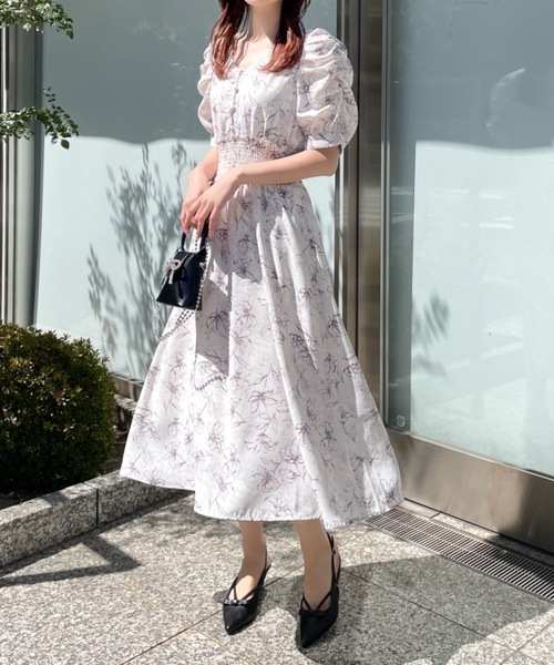 NOMAE（ノーマエ）の「ギャザースリーブ花柄ワンピース（ワンピース・レディース・パープル/ブラック系その他/ブルー系その他・FREE）」の6枚目の写真