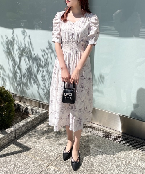 NOMAE（ノーマエ）の「ギャザースリーブ花柄ワンピース（ワンピース・レディース・パープル/ブラック系その他/ブルー系その他・FREE）」の5枚目の写真